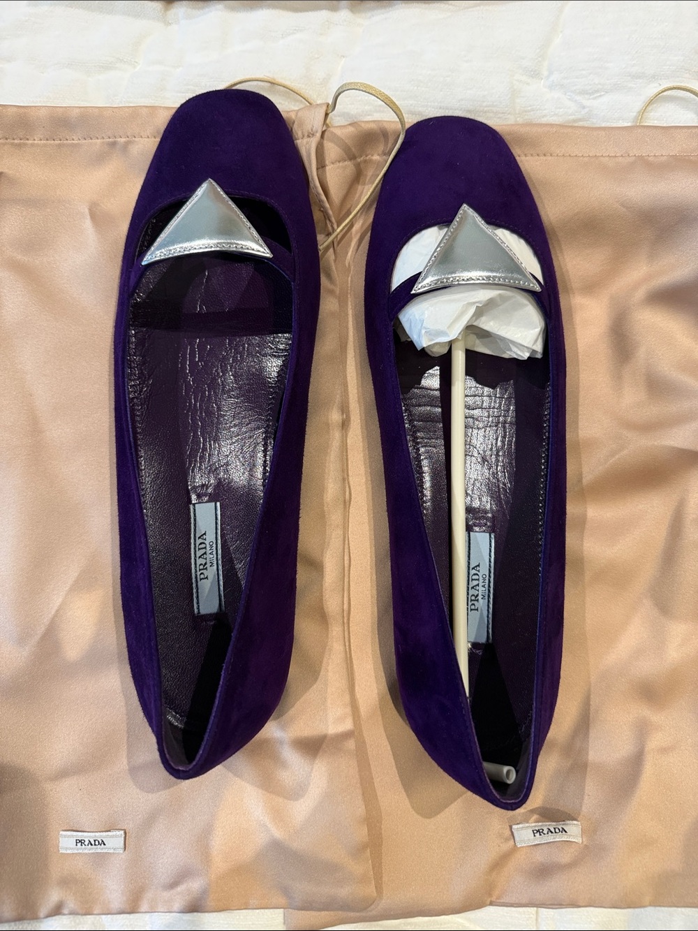 Prada Purple Suede Pointed-Toe Flats with Silver Triangle Accent